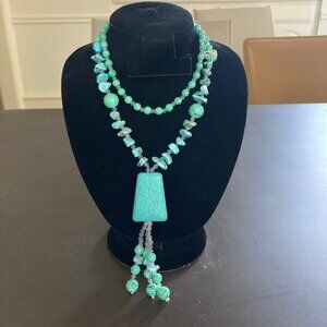 Turquoise Double Strand Chunky Necklace 66 Grams Pendant Dangle 18 Inches Hawaii